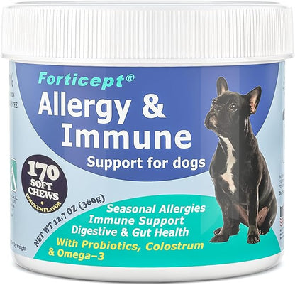 Forticept Allergy & Immune Probiotics for Dogs, Support Seasonal Allergies, Gut & Digestive Health - Enzymes, Colostrum, and Omega 3 Helps with Hot Spot and Yeast, Itch Relif