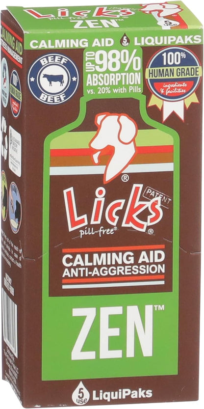 Licks Pill Free Zen Dog Calming - Calming Aid Supplements for Aggressive Behavior & Nervousness - Treats for Stress Relief & Dog Health - Gel Packets - Braised Beef Flavor, 5 Use