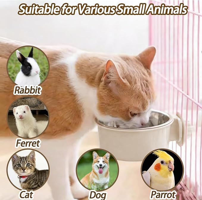 kathson Lightweight Stainless Steel Pet Bowls, Removable Crate Dog Bowl Hanging Pet Food Water Feeder Bowl, Cage Coop Cup for Puppy Cat Rabbit Ferret Birds Guinea Pigs (3pcs)