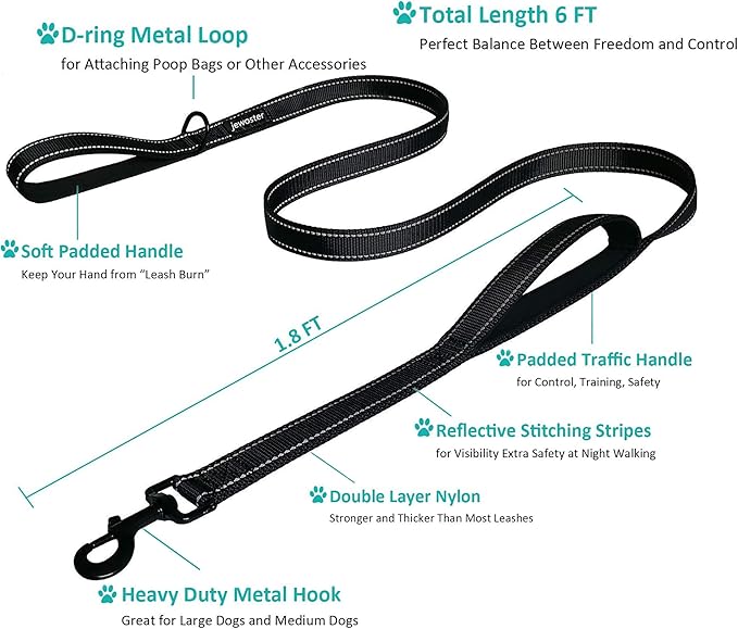 Dog Leash Heavy Duty - 2 Handles by Padded Traffic Handle for Extra Control, 6foot Long - Perfect for Medium to Large Dogs (6 ft, Black Blue)