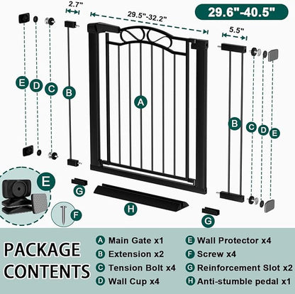 Fairy Baby 29.5"-40.5" Extra Wide Baby Gate, Pressure Mount Long Dog Gates for House Stairs Doorways, Auto Close Metal Safety Child Gate with Door No Drilling, Tension Pet Gate Indoor, Black