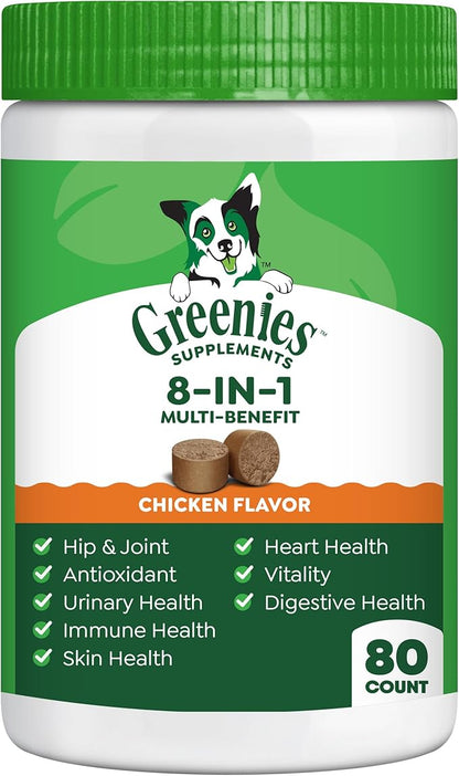 Greenies Dog Supplements 8-in-1 Multi-Benefit Dog Vitamins and Supplements Chicken Flavor, 15.5 oz. Container, 80 Count