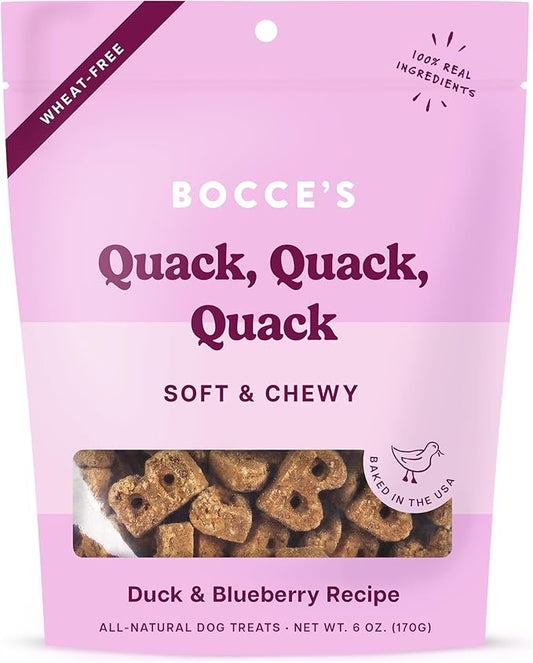 Bocce's Bakery Oven Baked Quack Quack Quack Dog Treats - Natural, Real Ingredient, Wheat-Free Soft & Chewy Cookies - Baked in The USA, Peanut Butter & Banana Flavor, 6 oz