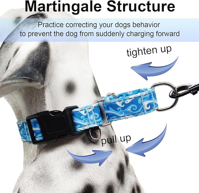 Reflective Martingale Collar with Quick Release Buckle Anti Pulling Boy Male Adjustable Dog Collars (Blue Waves, Medium)