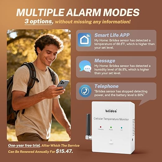 RV Pet Temperature Monitor, Briidea 4G Cellular & Temperature Humidity Sensor, No WiFi Required, 24/7 Remote Monitoring Alerts with App, for Cabin and Warehouse (1 Year Subscription Included)