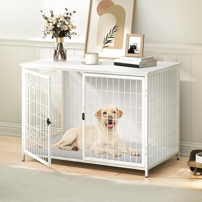 MAHANCRIS Dog Crate Furniture with Cushion, Wooden Dog Kennel with Double Doors, Heavy Duty Dog Cage for Small/Medium/Large Dogs, Indoor Dog House End Table, 39.4" L, White DCBW10701