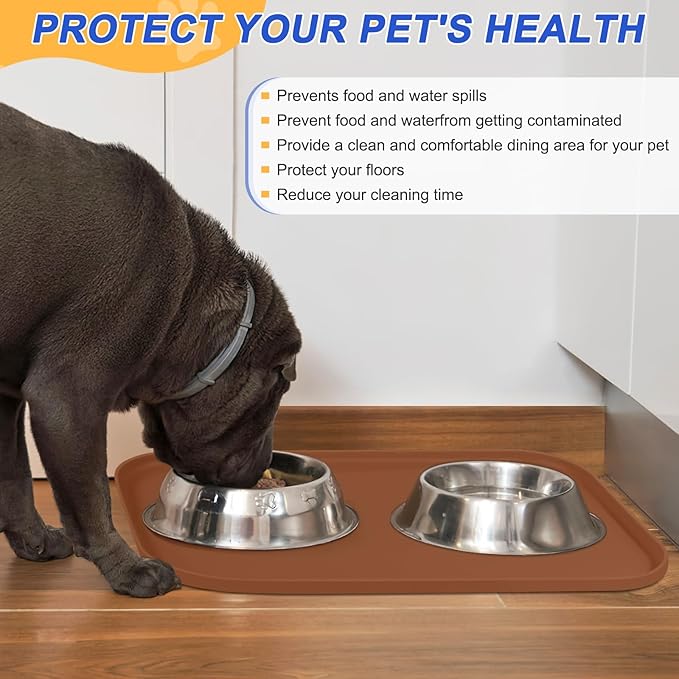 SMILOOL Silicone Pet Feeding Mat with Raised Edge for Food and Water, Dog Bowl Mats, Cat Bowls Placemat with High Lip for Floor Waterproof, Rubber Tray for Cats and Dogs 22 x 14 x0.8 Brown
