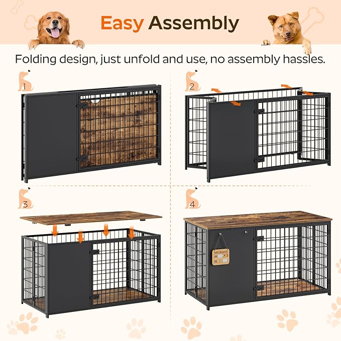 YATINEY Foldable Dog Crate Furniture, 47.2" Dog Crate with DIY Frame, Heavy Duty Dog Kennel Indoor with Hooks, Wooden Dog Cage End Table, for Small/Medium/Large Dogs, Rustic Brown DC120BR