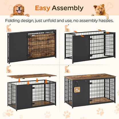 YATINEY Foldable Dog Crate Furniture, 47.2" Dog Crate with DIY Frame, Heavy Duty Dog Kennel Indoor with Hooks, Wooden Dog Cage End Table, for Small/Medium/Large Dogs, Rustic Brown DC120BR