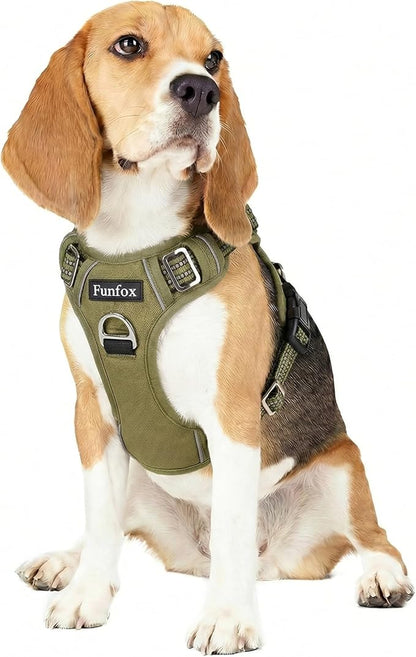 Funfox Dog Harness No Pull, Adjustable Pet Vest Harness, Super Soft Material with Vertical Handle Easy Control, Reflective Night Walking, 2 Leash Clips for Medium Sized Dogs, Army Green, M