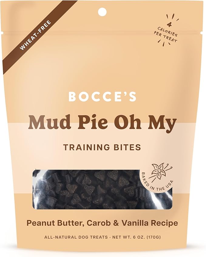 Bocce's Bakery Mud Pie Oh My Training Treats for Dogs, Wheat-Free Dog Treats, Made with Real Ingredients, Baked in The USA, Natural & Low Calorie Training Bites, PB, Carob, & Vanilla Recipe, 6 oz