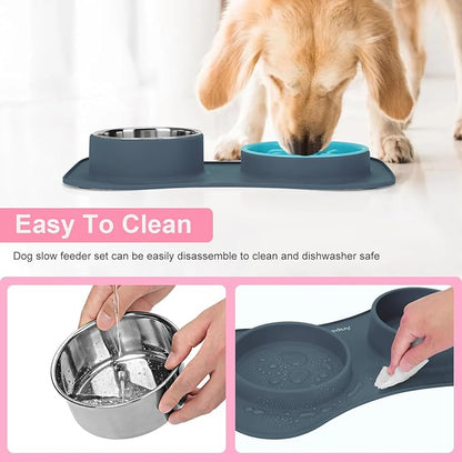 Anipaw Slow Feeder Dog Bowls 3 in 1 Stainless Steel Dog Food and Water Bowls with Non-Spill and Non-Skid Silicone Mat to Slow Down Eating for Large Medium Small Breed Size Dogs and Cats