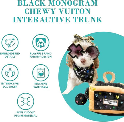 Haute Diggity Dog Chewy Vuiton Trunk Puzzle with 3 Plush Squeaky Dog Toys, Soft Durable Designer-Inspired Stuffed Puppy Chew Toys for Small & Medium Dogs, Machine-Washable (Black Monogram) One Size