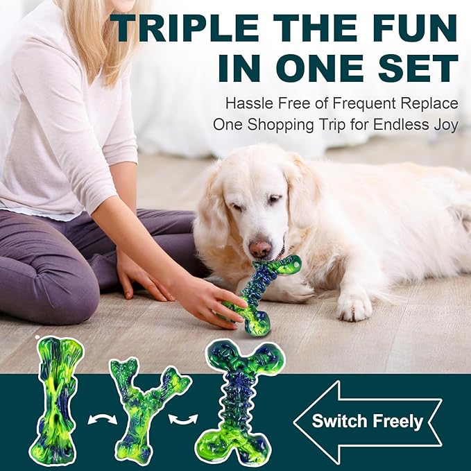 Kseroo Indestructible Dog Toys for Aggressive Chewers 3-Pack: Peanut Butter Flavored Dog Chew Toys, Tough Dog Toys for Medium & Large Dogs (20-90lbs), Hard Nylon Dog Bone Toys to Keep Them Busy, Green