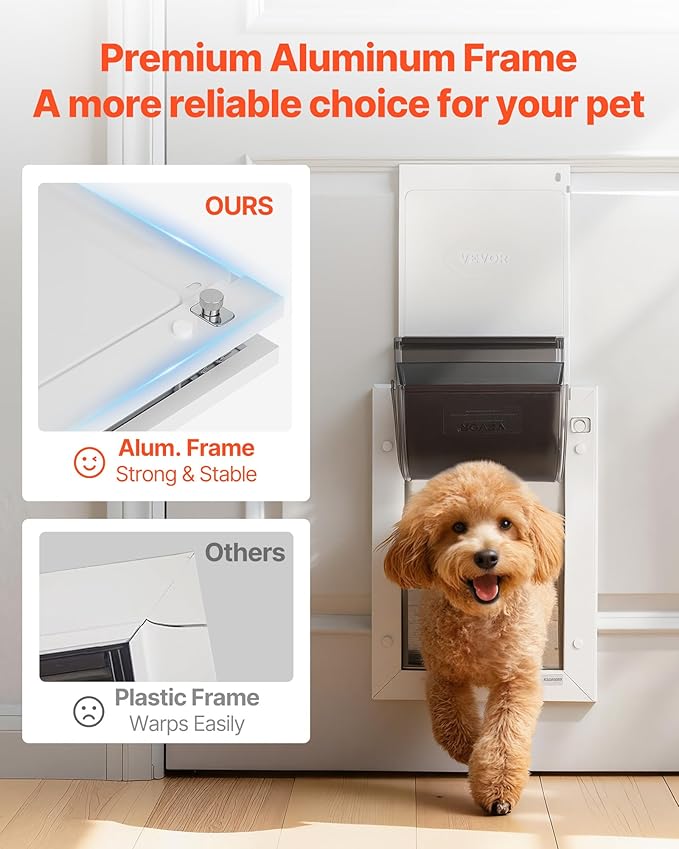 VEVOR Pet Door, Medium, with Three Magnetic Flaps and Metal Frame, Strong and Weatherproof Dog Door for Interior and Exterior Doors, Easy to Install, Easy in-and-Out Access for Doggies, White