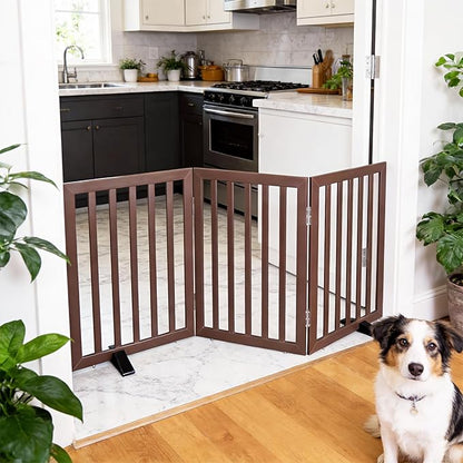 Dog Gate Indoor, Freestanding Dog Fence for The House, Doorways, Hallways,or Stairs,Pet Gate Foldable Wooden,Expandable 24" Height 3 Panels,Brown