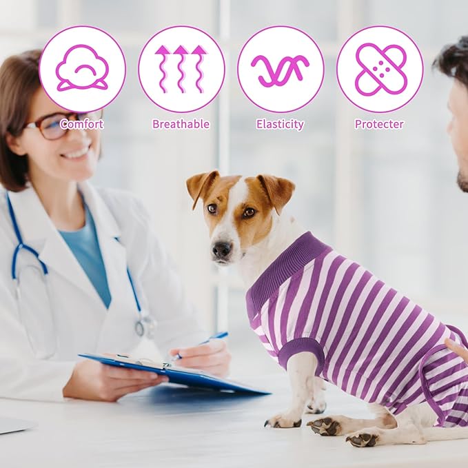 2 Packs Breathable Cotton Dog Recovery Suit for After Neuter Spay Abdominal Wounds Protector, Professional Anti-Licking Onesies for Male Female Pets Surgery Bandages, 2XL Purple & Pink Stripes