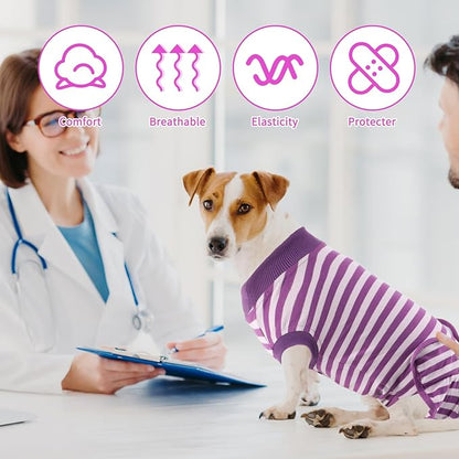 2 Packs Breathable Cotton Dog Recovery Suit for After Neuter Spay Abdominal Wounds Protector, Professional Anti-Licking Onesies for Male Female Pets Surgery Bandages, L Purple & Pink Stripes