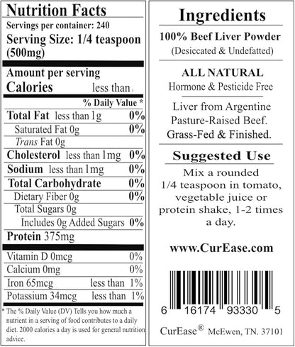 CurEase Beef Liver Powder - Argentine Grass Fed & Finished - Undefatted - 4.2 oz 240 Servings