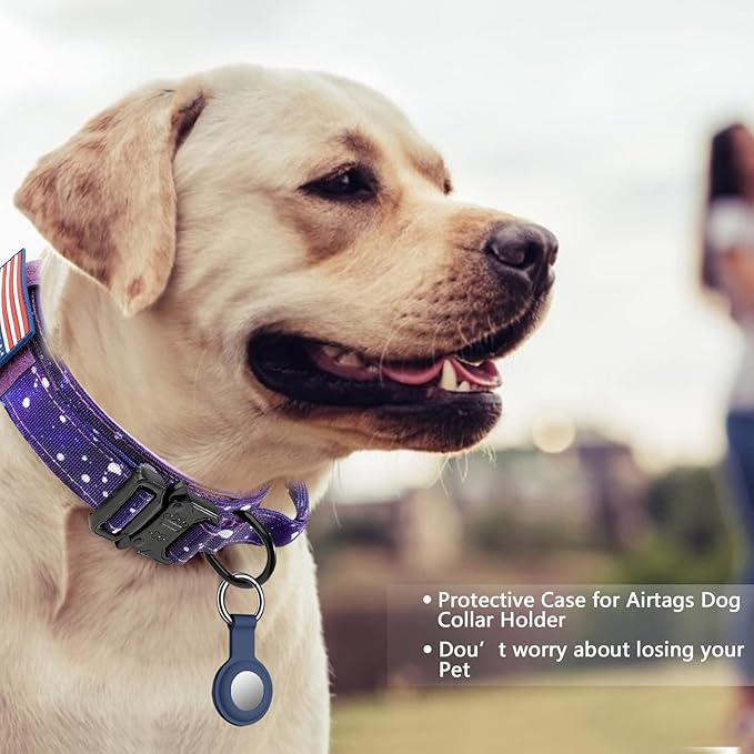 DAGANXI Tactical Dog Collar, Adjustable Military Training Nylon Dog Collar with Control Handle and Heavy Metal Buckle for Medium and Large Dogs, with Patches and Airtags Case (XL, Purple Sky)