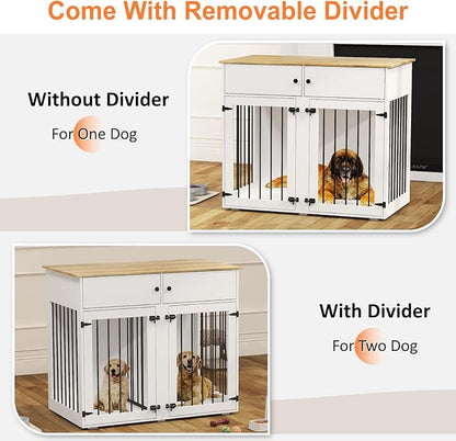 Large Dog Crate Furniture, 41 Inch Dog Kennel Indoor with Removable Divider & Double Doors, Wooden Dog Crates for 2 Dogs, Dog Crate Table for Large/Medium Dogs, White