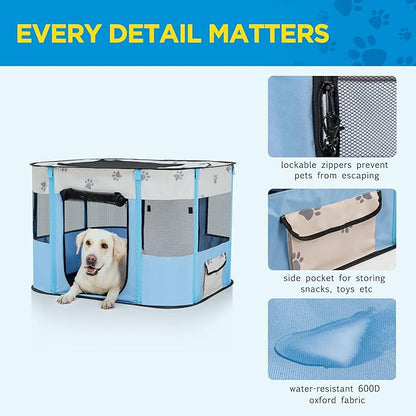 Avont Portable Dog Cat Playpen, Foldable Pop Up Pet Play Pen Travel Crate with Floor and Mesh Door Top for Indoor Outdoor Collapsible Tent Cage -L, Blue