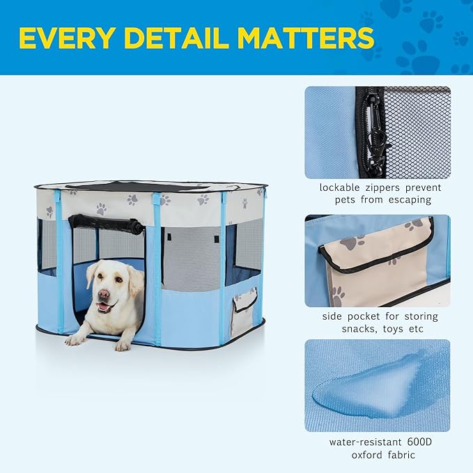 Avont Portable Dog Cat Playpen, Foldable Pop Up Pet Play Pen Travel Crate with Floor and Mesh Door Top for Indoor Outdoor Collapsible Tent Cage -S, Blue