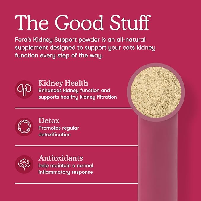 Fera Pets Cat Kidney Support Powder with Antioxidants & Probiotics - Enhances Renal Health & Function - Promotes Regular Detoxification - 60 Scoops
