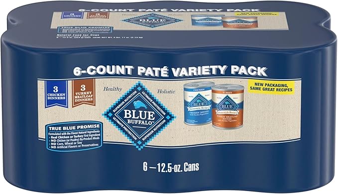 Blue Buffalo Homestyle Recipe Chicken and Turkey Wet Dog Food for Adult Dogs, 12.5 oz. Cans, 6 Count Variety Pack