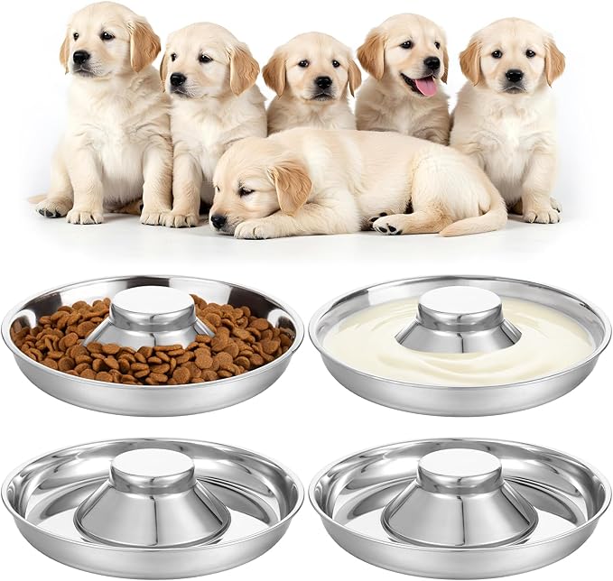 4 Pcs Stainless Steel Puppy Weaning Bowls, Cat Bowls for Food Water, Multiple Puppies Feeder Whelping Dishes, Litter Feeding Station Pans for Small Dogs Cats Eating at Same Time