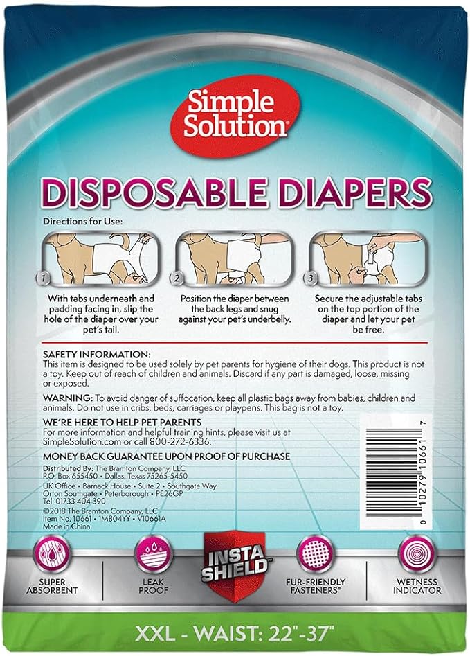 Simple Solution Disposable Female Dog Diapers, Absorbent Leak Proof Protection for Incontinence, Puppy Training, Heat Cycle, Travel, and Housebreaking, XXL Dogs, 22–37 Inch Waist, 12 Count
