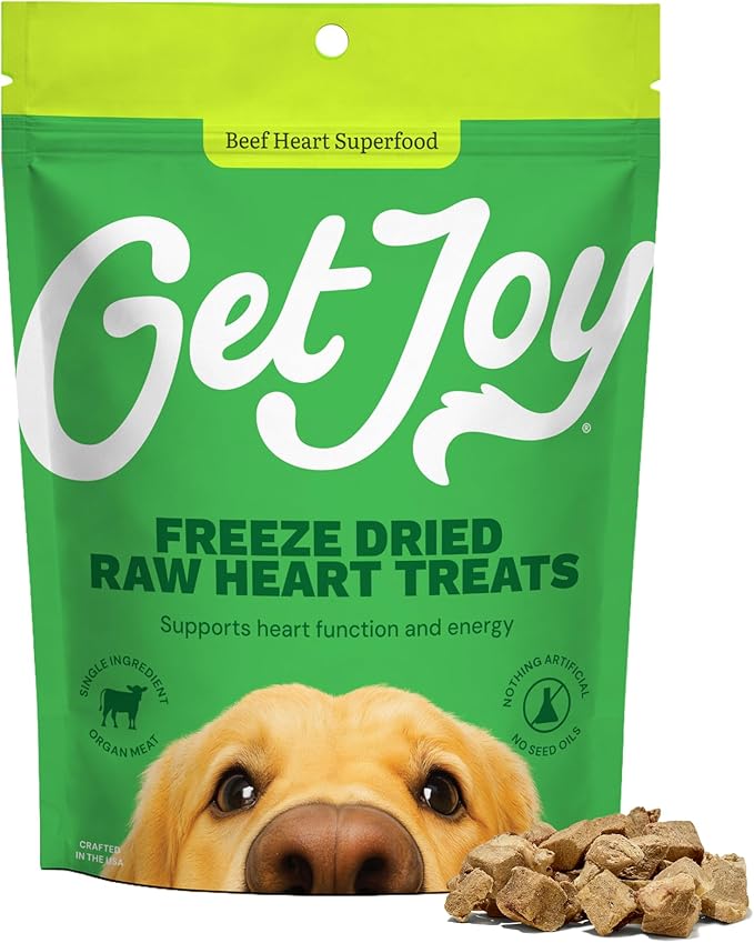 Get Joy Freeze Dried 100% Beef Heart Dog Treats, 2oz | Single Ingredient Organ Meat, High Protein Raw Dog Food Topper, Snack & Training Rewards | Grain Free, Gluten Free, Filler Free