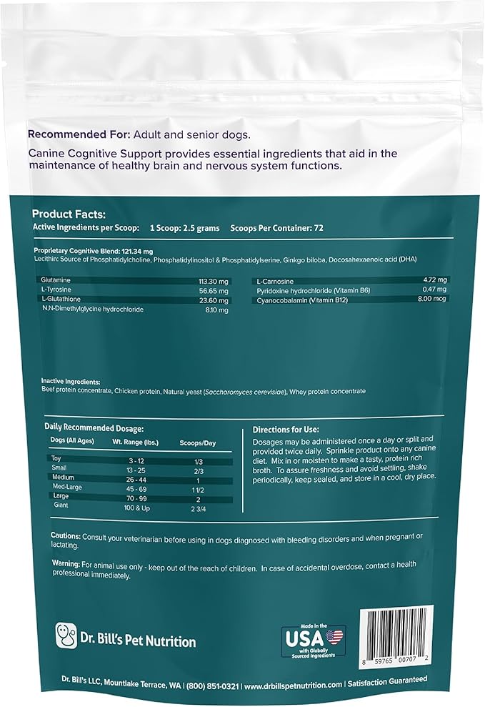 Dr. Bill’s Canine Cognitive Support Supplement for Adult, Senior & Elderly Dogs – Memory, Brain Function & Cognitive Health Support - Lion's Mane Mushrooms, DHA, Ginkgo & More