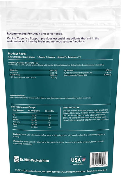 Dr. Bill’s Canine Cognitive Support Supplement for Adult, Senior & Elderly Dogs – Memory, Brain Function & Cognitive Health Support - Lion's Mane Mushrooms, DHA, Ginkgo & More