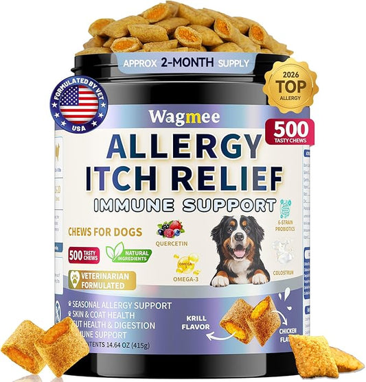 Dog Allergy Relief Chews - Dog Itching Skin Relief 500 Ct, Anti Itch Licking Paw & Yeast Relief, Itchy Skin and Ears for Seasonal Allergies, Probiotics Gut Digestive & Immune Support