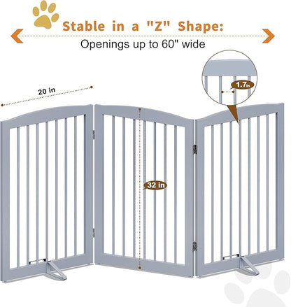 PUPETPO Freestanding Pet Gate for Dogs, Foldable Wooden Dog Gate for House Indoor, Tall Pet Fence for Stair, Doorway,Hall, Support Feet Included, 3 Panels 32",Grey