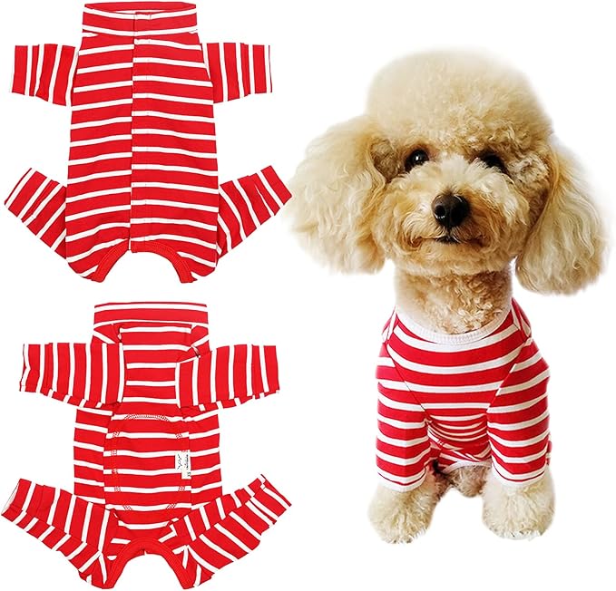 Dog’s Recovery Suit Post Surgery Shirt for Puppy, Full Coverage Dog's Bodysuit Wound Protective Surgical Clothes for Small and Medium Pets (red White Stripe-XXS)