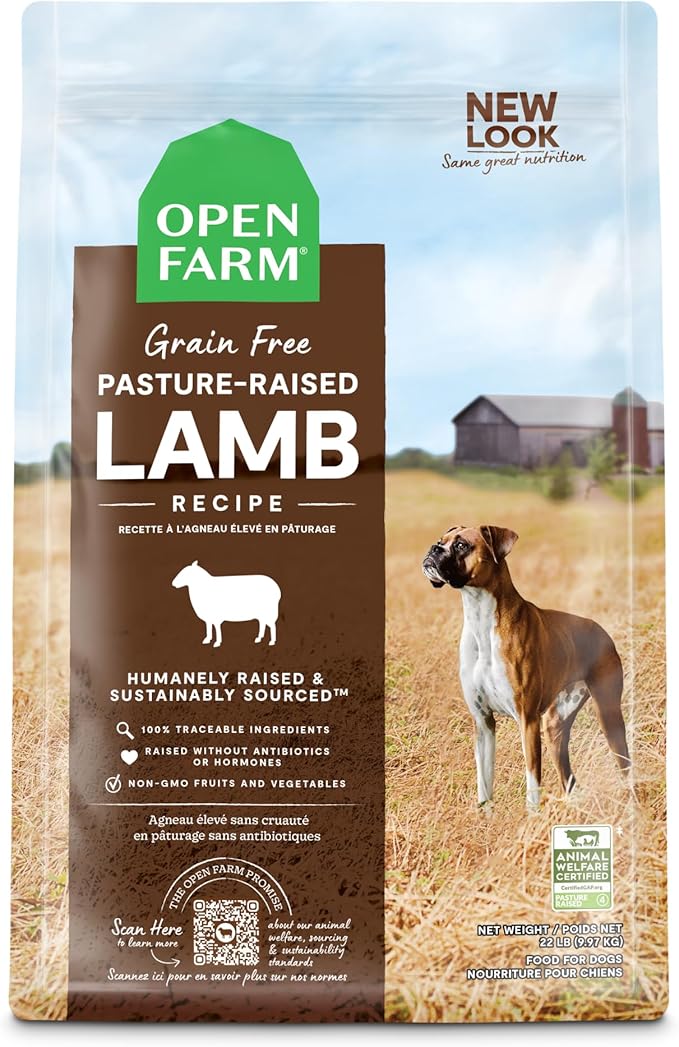 Open Farm, Grain-Free Dry Dog Food, Complete & Balanced Kibble, Sustainably & Ethically Sourced Ingredients, Non-GMO Veggies & Superfoods Support Overall Health, Pasture Raised Lamb Recipe, 22lb Bag