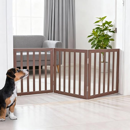 ZJSF Freestanding Indoor Dog Gate for House Foldable Wood Brown Puppy Gate for Doorways Pet Gate for Stairs Extra Wide Pet Fence 24" Height 3 Panels