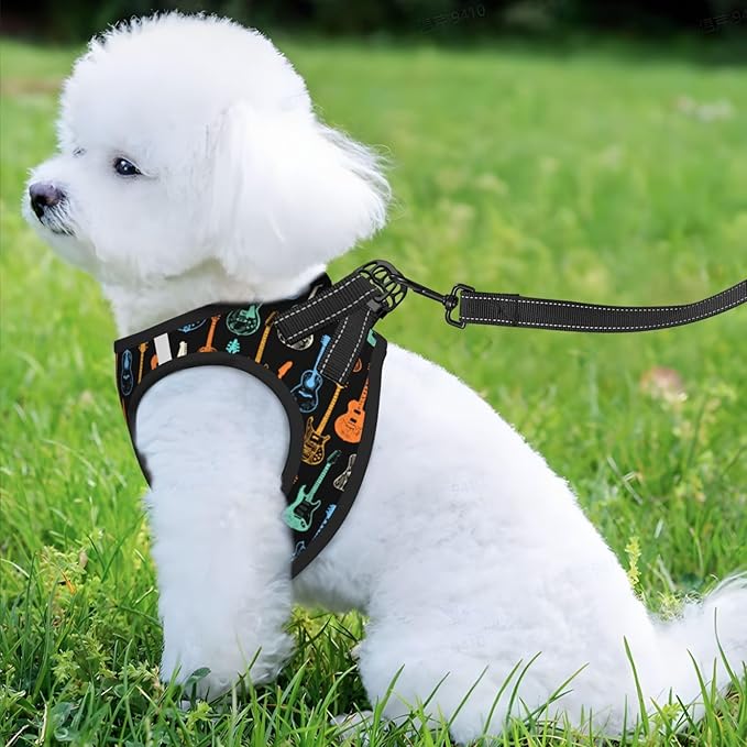 Dog Harness and Leash Set with Electric Guitars Music Pattern, Breathable Mesh Vest with Reflective Strips, Adjustable No Pull Pet Harness for Small Dogs and Cats Medium