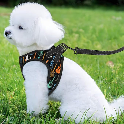 Dog Harness and Leash Set with Electric Guitars Music Pattern, Breathable Mesh Vest with Reflective Strips, Adjustable No Pull Pet Harness for Small Dogs and Cats Medium