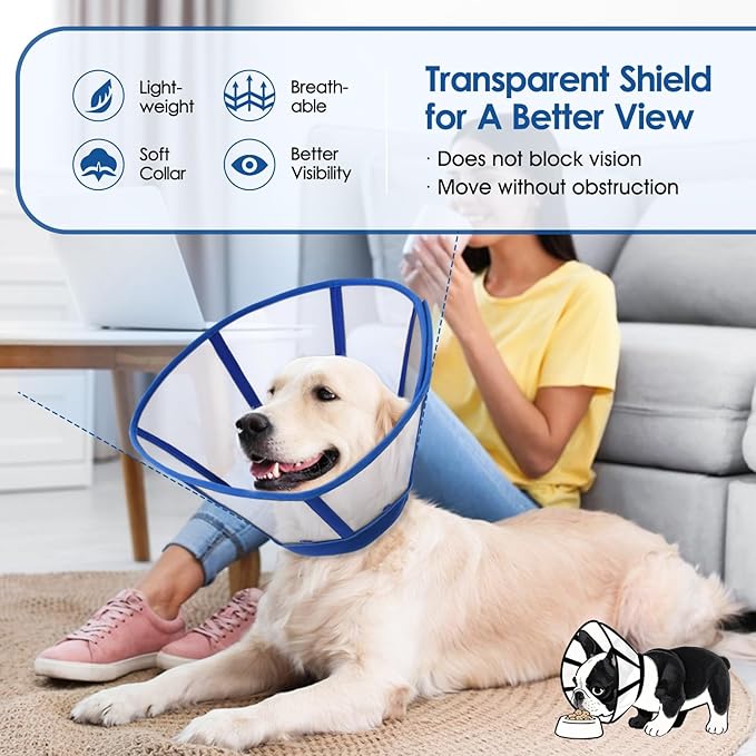 SUNFURA Dog Cones for Small Dogs, Soft Cone for Dogs to Stop Licking, Transparent Dog Cone Collar After Surgery, Neck E-Collar Alternative for Wound Healing, Blue Small
