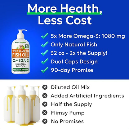 Bark&Spark Fish Oil for Dogs - Natural Omega-3 - Skin & Coat Support - Liquid Food Supplement for Pets - Natural EPA + DHA Fatty Acids for Joint Function, Immune & Heart Health 32oz - Salmon