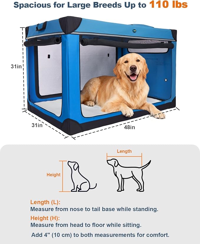 Ownpets 48 inch XXL Collapsible Dog Crate for Large Dogs, Portable Travel Dog Crate, 4-Door Foldable Pet Kennel with Durable Mesh Windows and Soft Mat, Blue
