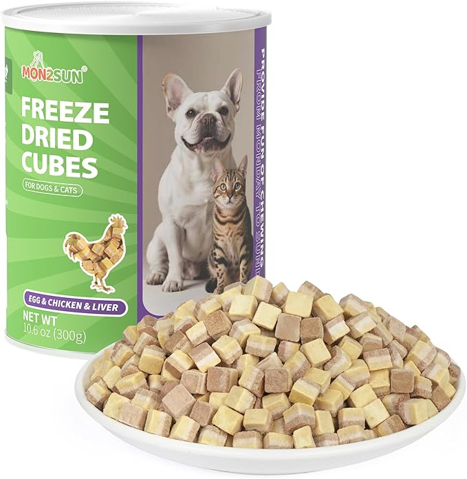 MON2SUN Triple-Layer Freeze Dried Cat & Dog Treats, Chicken, Egg & Chicken Liver Recipe Cube, Grain-Free High Protein Snacks, All Natural Food Topper or Training Rewards, 10.6oz