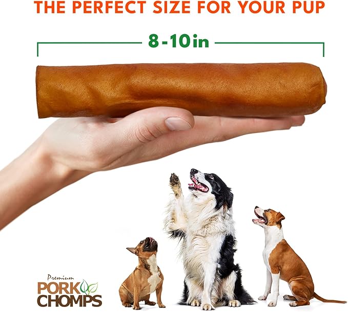 Pork Chomps Roasted Pork Skin Dog Chew, 8 Inch Roll, 1 Count - Long-Lasting Treats for Dogs - High Protein, Rawhide-Free, Low Fat, Healthy & Delicious Chews