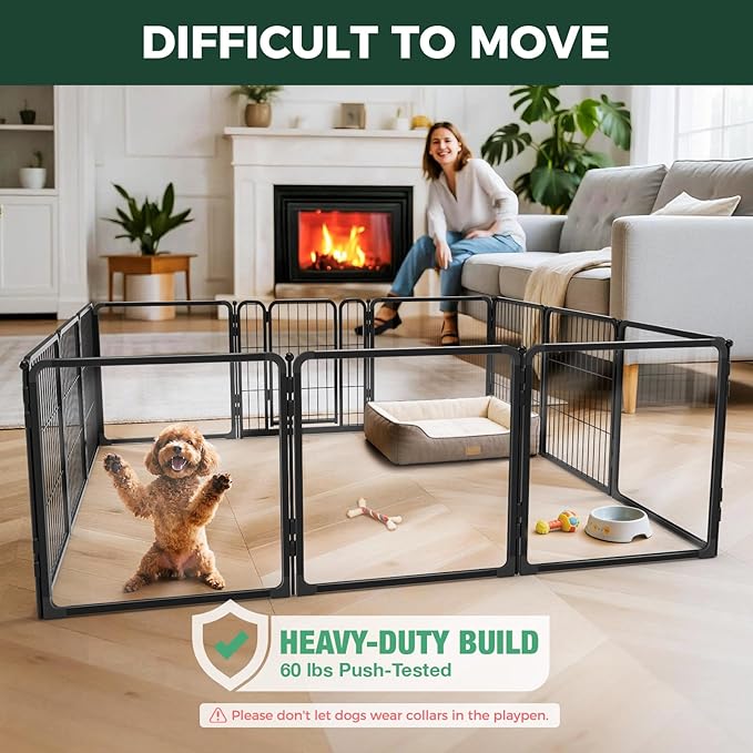 FXW AuraSpace Pro Acrylic & Wire Mesh Indoor Dog Playpen, 24" Height 12 Panels Metal Dog Pen for Puppies & Small Dogs, Black│Patented