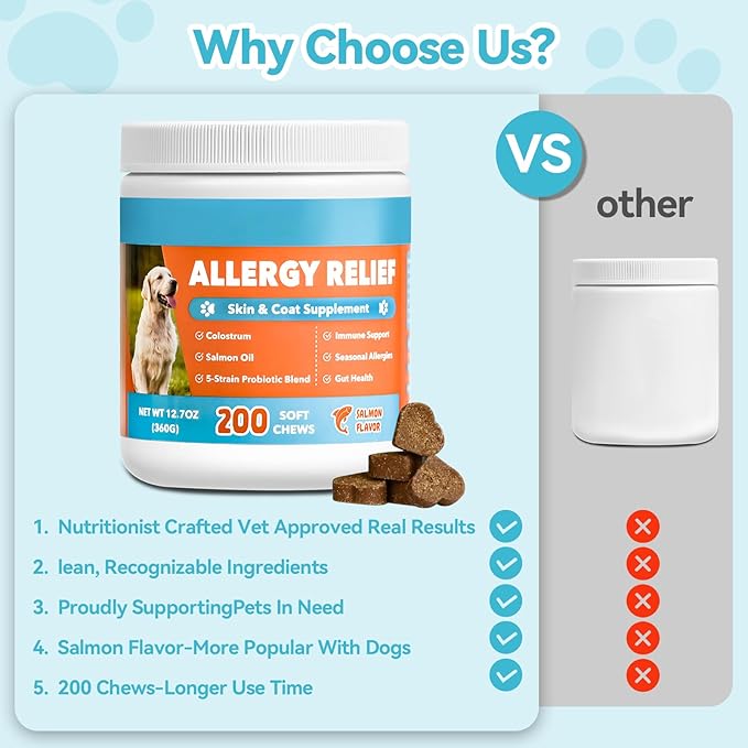 Dog Allergy Chews 200ct, Dogs Allergy Relief Chews for Paw Licking Itchy Skin Coat Supplement, Dog Itching Relief with Probiotics Colostrum for Dry Skin Itching Licking Seasonal Allergies