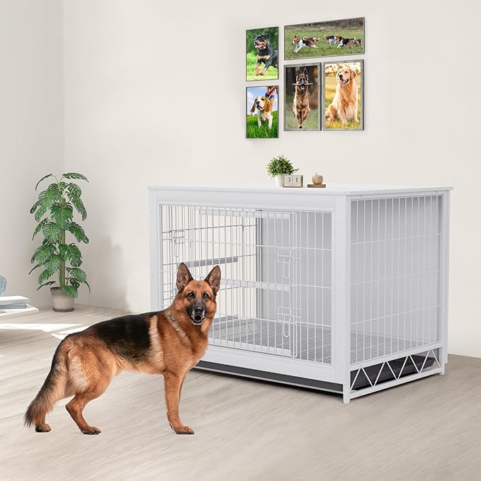 TLSUNNY Dog Crate Furniture, 44.1" Wooden Side End Table, Modern Dog Kennel with Double Doors, Heavy-Duty Dog Cage w/Pull-Out Removable Tray, Indoor Medium/Large/Small Pet House Furniture, White