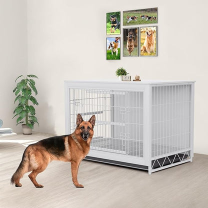TLSUNNY Dog Crate Furniture, 44.1" Wooden Side End Table, Modern Dog Kennel with Double Doors, Heavy-Duty Dog Cage w/Pull-Out Removable Tray, Indoor Medium/Large/Small Pet House Furniture, White